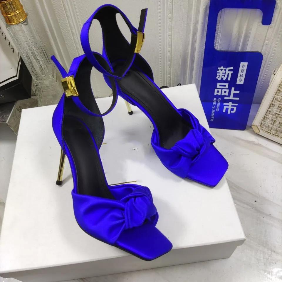 Fashion Satin Butterfly Knot Women Sandals Metal Thin Heel Sexy Square Toe High Heels Ankle Buckle Fashion Sandals Solid Color Shoe