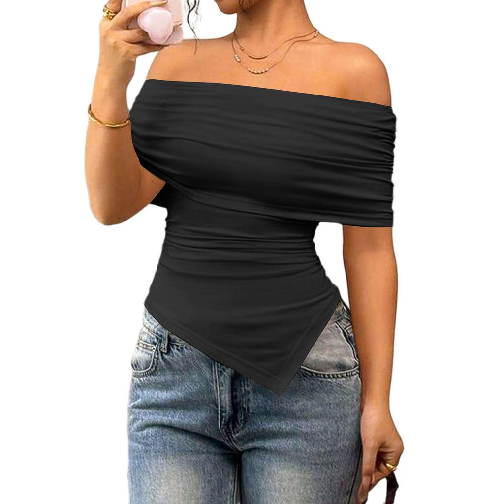 Women's Fashionable And Versatile Color Strapless Off-shoulder Irregular T-shirt Top