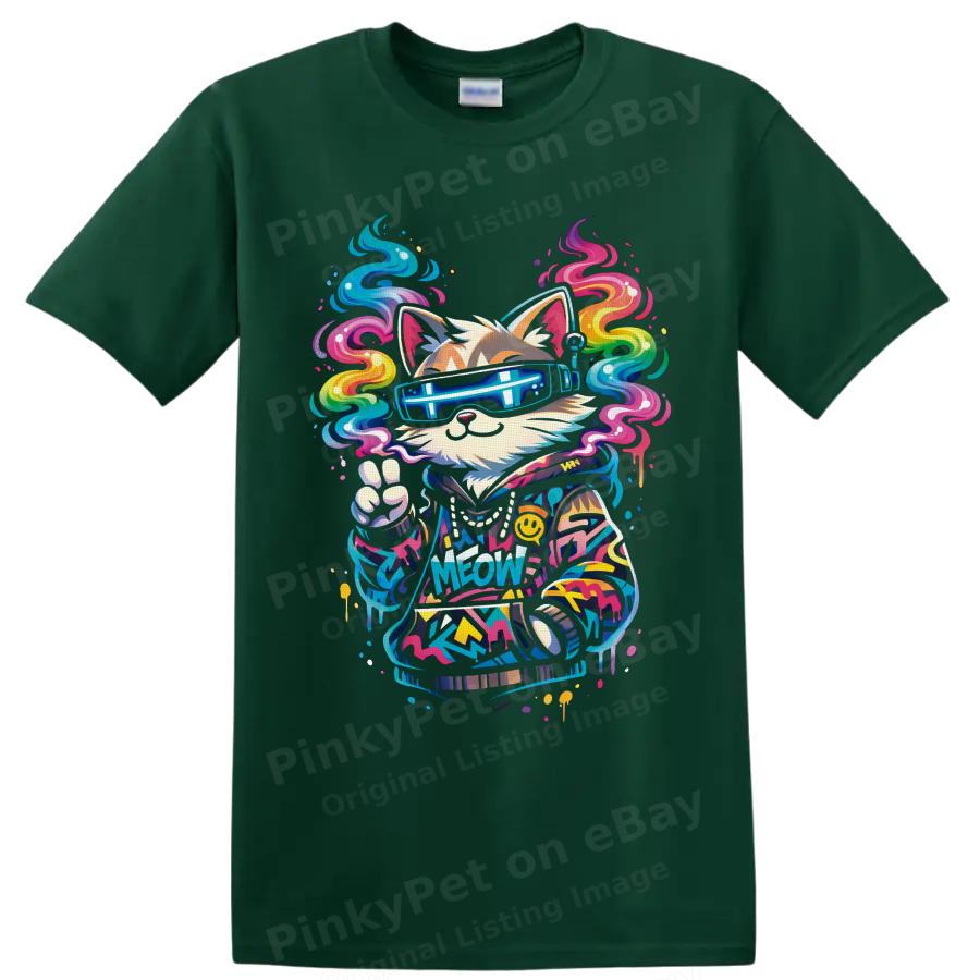 420 Cat DJ T Shirt w/ Neon Sunglasses Rainbow Smoke Graphic Festival Art Tee