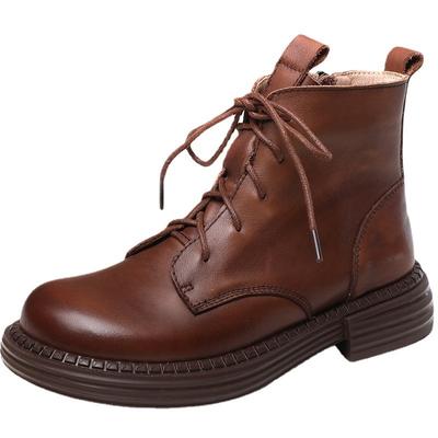 Winter Warm Boots Women Lace-Up Round Toe Flat Ankle Boots Handmade Retro Real Cowhide Side Zipper Plush Cotton Shoes