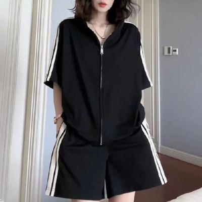 Estate Donna Sportiva con Zip Versatile a Strisce Manica Corta Giacca Pantaloni a Gamba Larga Set Nero