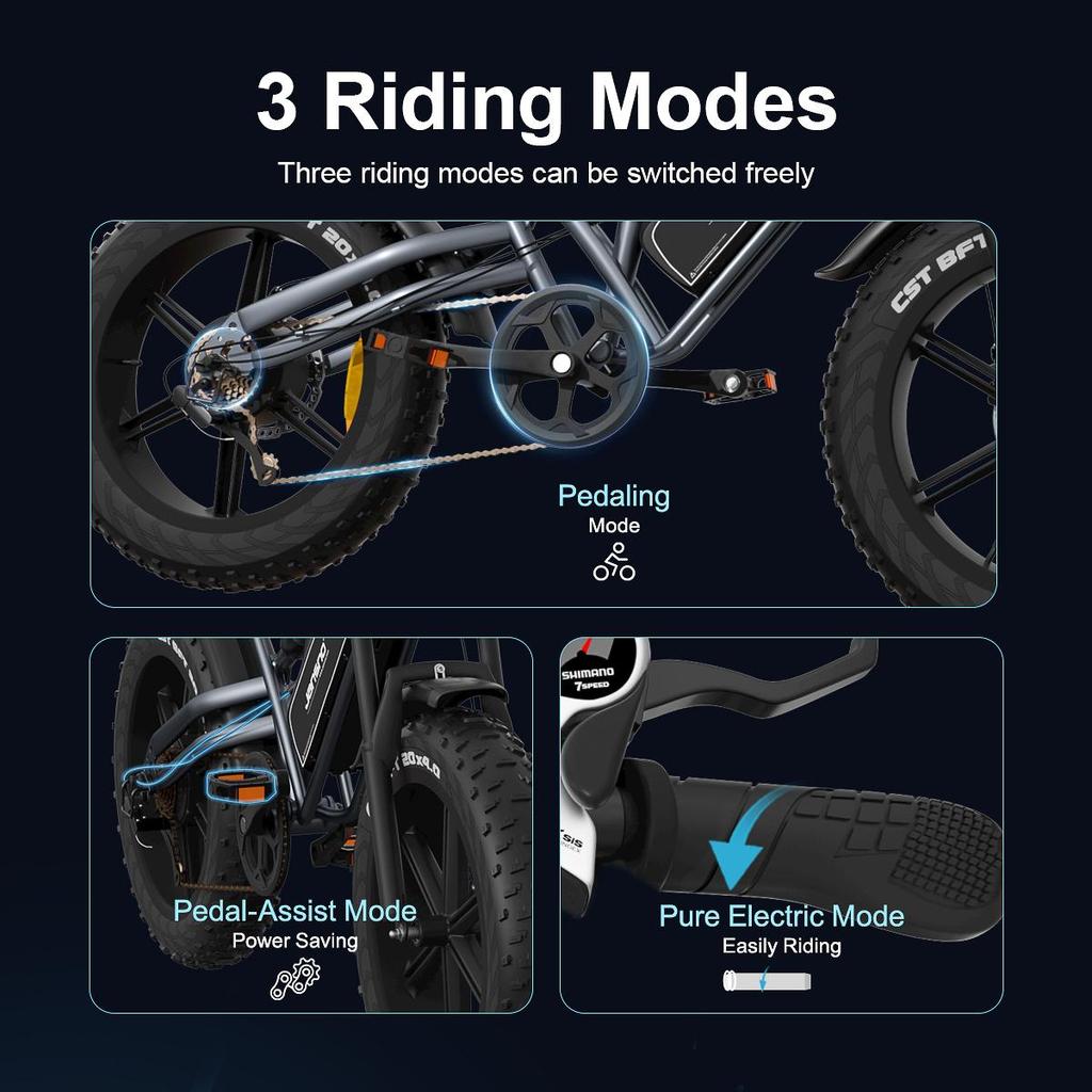 Jansno X50 250W motor+48V14AH battery, 20 * 4.0-inch tires, disc brake, Ximano 7-speed, maximum speed 40-45KM/H electric bicycle
