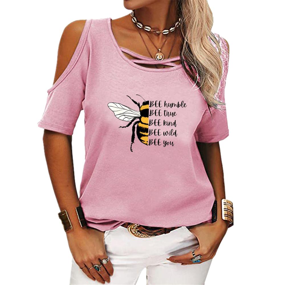 Women Fashion Print Tee Shirt Summer Off Shoulder Short Sleeved Top Ladies Casual O Neck T-shirt