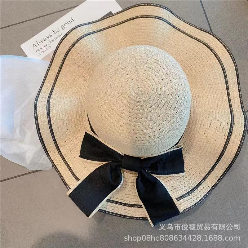 Wide Brim Straw Sun Hat Lightweight Breathable Summer Beach Hat with Bow Tie Detail and Wavy Edge Design for Outdoor Protection