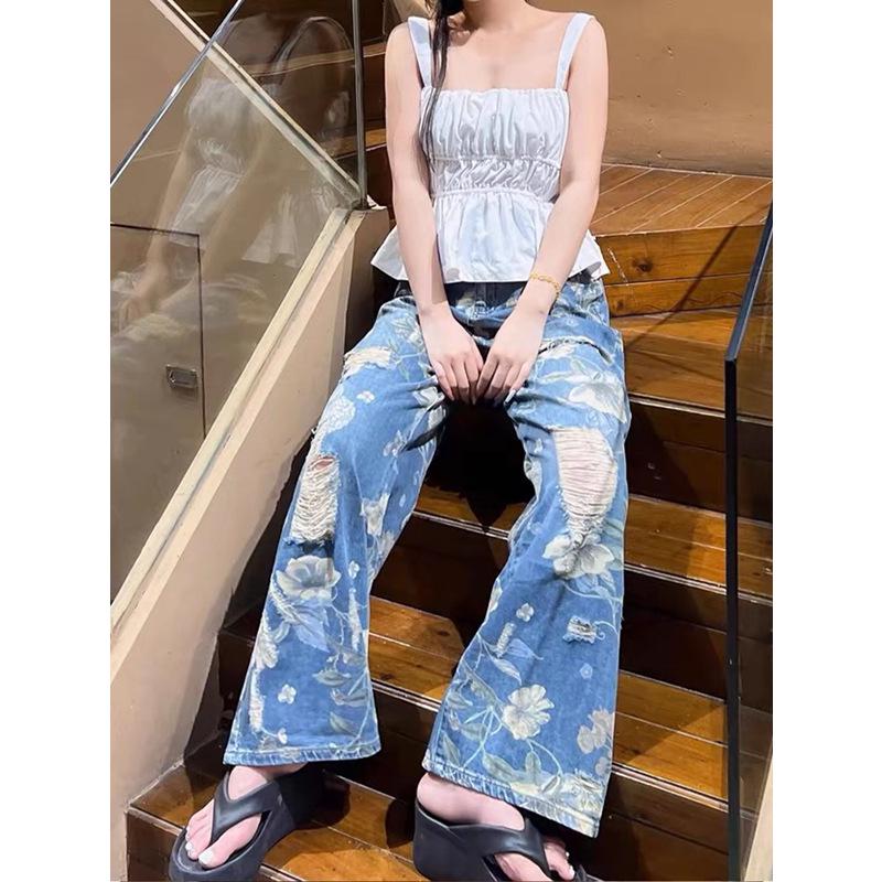 Women's High Waist Retro Print Wide Leg Jeans - Floor-Length, Trendy Loose Fit, Summer Design