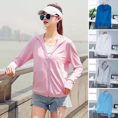 Women Sunscreen Coat Zipper Opening Hooded Ice Silk Anti-UV Thin Long Sleeve Great Breathability Pure Color