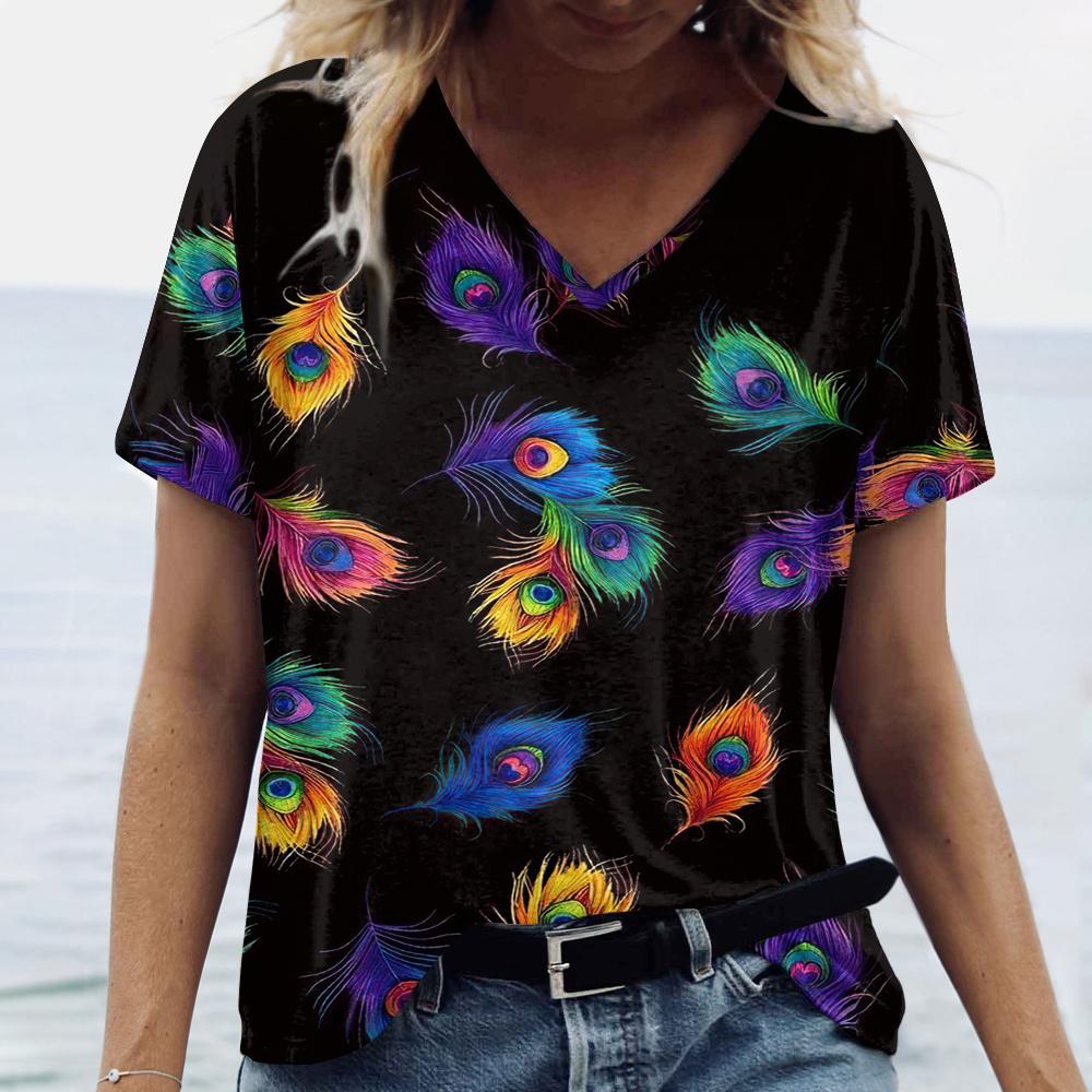 Новые яркие женские футболки с принтом павлиньего пера размера плюс — фото 9