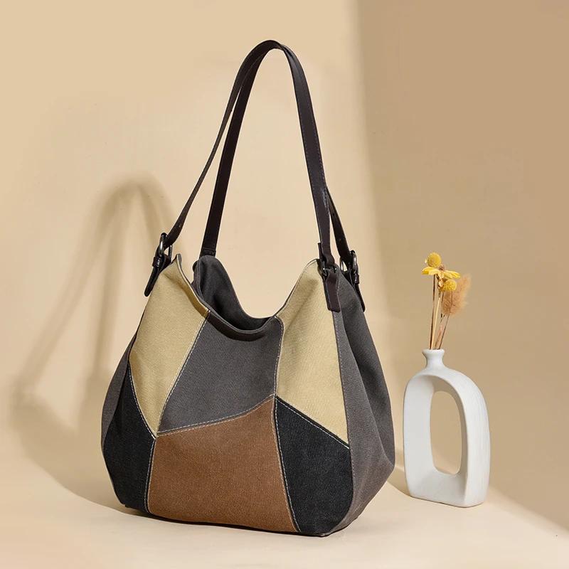 Casual Patchwork Canvas Saddle Shoulder Bags with Large Capacity High Quality Designer Style