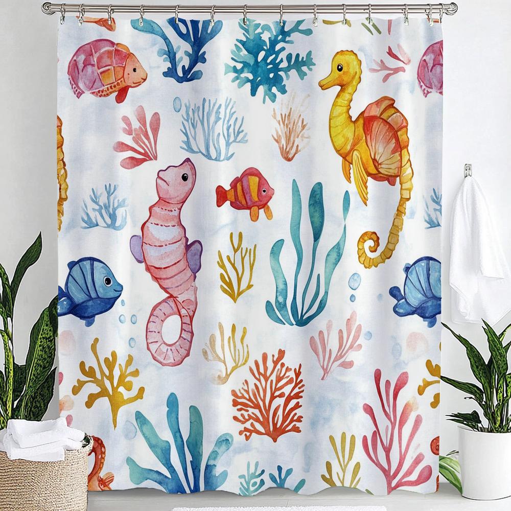 1Pc Blue Ocean, Hippocampus Print Waterproof Shower Curtain,Underwater World Bathing Curtain Partition Privacy Hanging Curtain