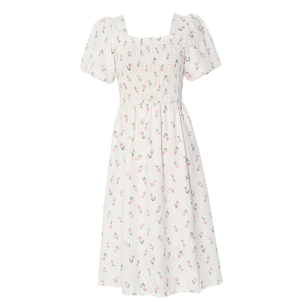 Small high-end bubble sleeves square neck floral dress small fresh and sweet casual dress women's summer fashion new