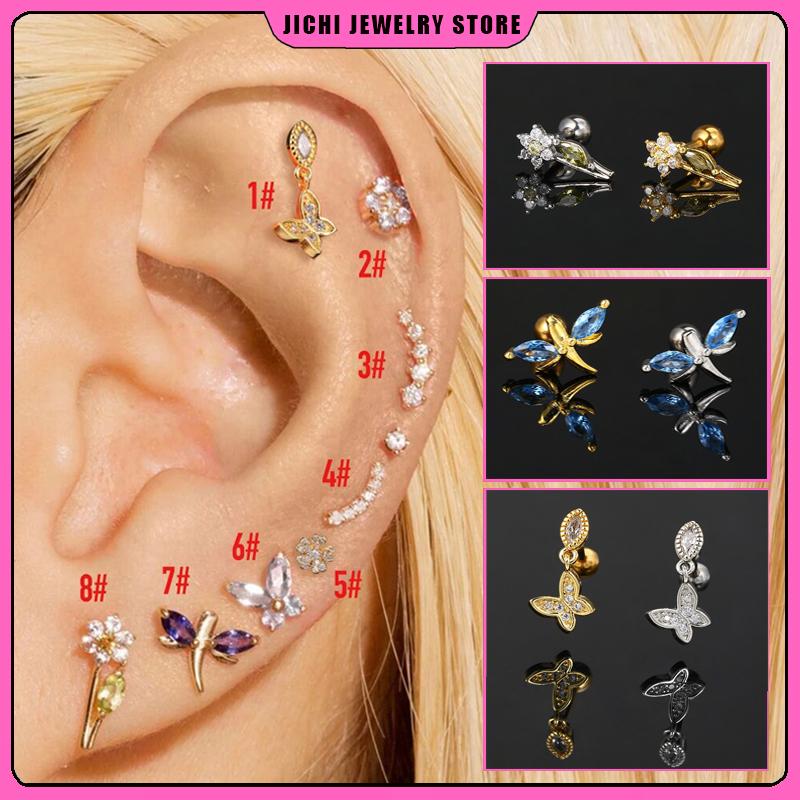 Zircon piercing piercing bone nails Butterfly flower earrings Titanium steel screws screw stud earrings Zircon
