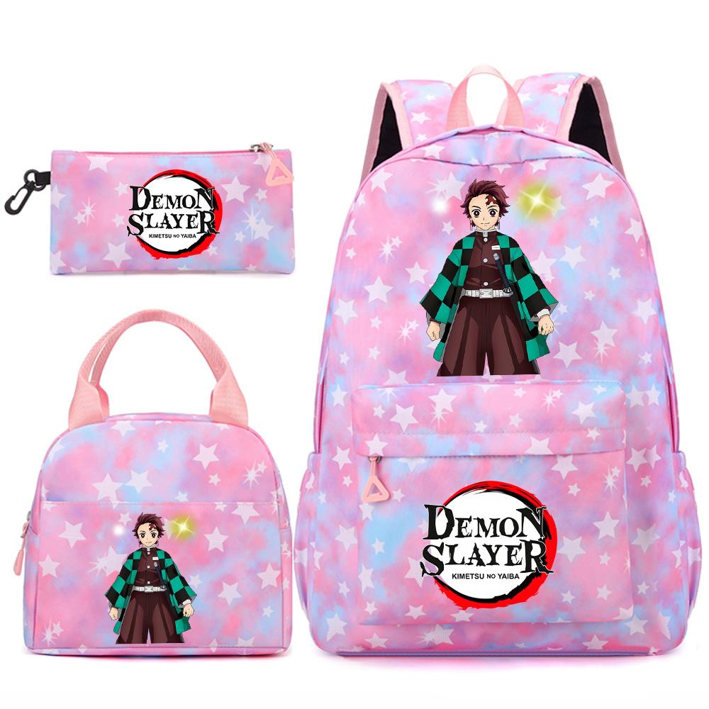 3 st/set Tecknad Demon Slayer Tryckt Ryggsäck Handväska Pennskrin för Tonåring Student Flicka Pojke Skolväska Stor Kapacitet Vattentät Resväska Gåva