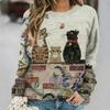 Spring and Autumn Round Neck Cute Cat Pattern 3D Printed Top Fashionable Casual Long Sleeved Women's T-shirts
