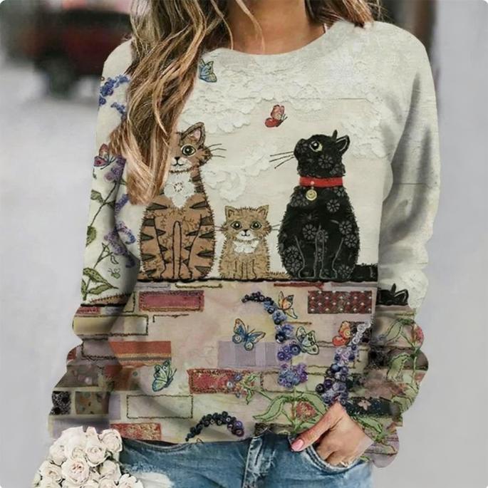 Spring and Autumn Round Neck Cute Cat Pattern 3D Printed Top Fashionable Casual Long Sleeved Women's T-shirts