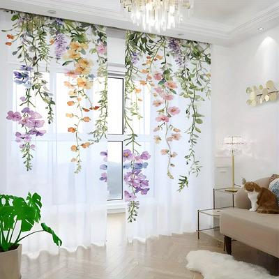 2PCS Sheer Curtains, Multicolor, Cascading Floral and Botanical Pattern, Suitable for Bedroom and Living Room, Rod Pocket Style