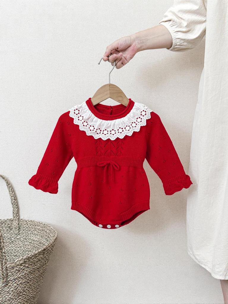 Baumwoll-Spitzenbesatz Strick-Body für Babymädchen mit Rüschenkragen