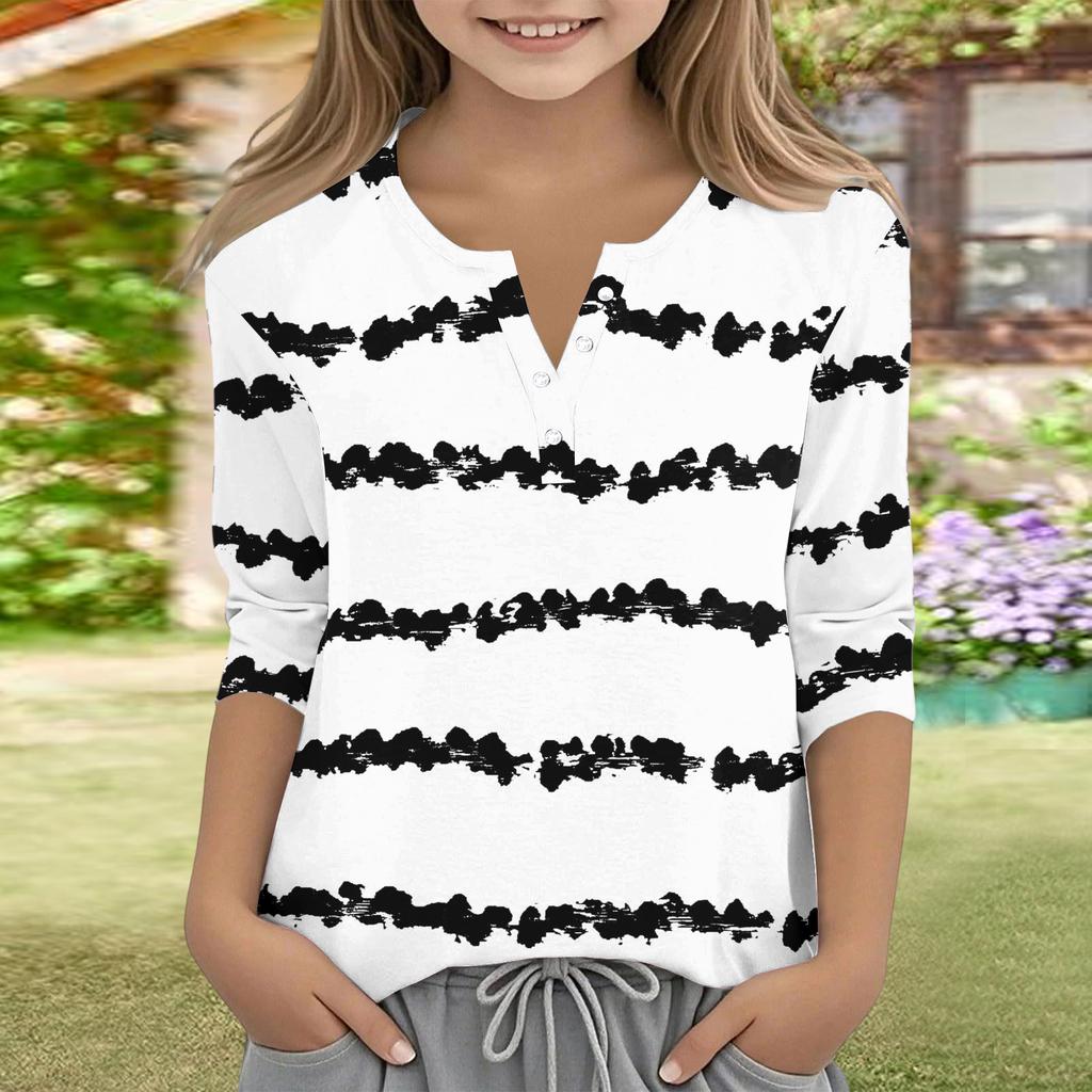Print Tops For Youth Girls V Neck Button 3/4 Sleeves T-Shirts Trendy Tops Outfit Tees