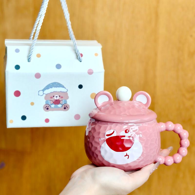 Cute High Looking Bear Mug with Lid for Girls with House Ceramic Drinking Cup for Couples Office Coffee Cup
