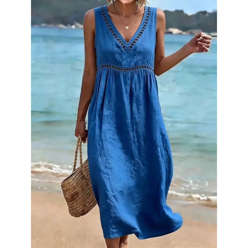 IHUASU Fashion Summer Spring Solid Color Print  V-Neck Sleeveless Casual Dresses