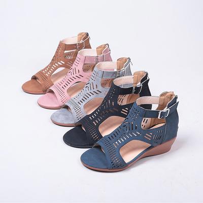 Summer Women's Wedges Sandals Hollow Ladies High Heels Fashion Solid Color Buckle Strap Female Sandalias Platform Roman Sandals