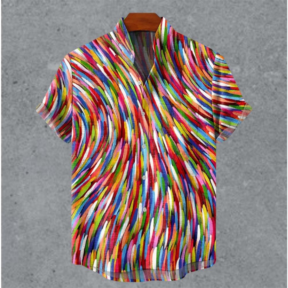 Art retro vintage men's shirt with mottled marks, standing collar printed short sleeved shirt, casual and comfortable top