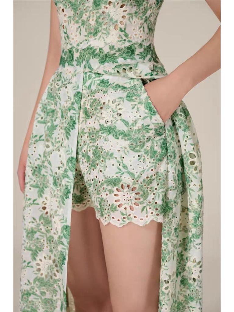 Vietnamese Designer Floral Embroidered Suspender Dress & Slim Split Long Skirt Set