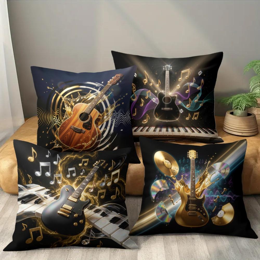 Guitar & Music Note Throw Pillow Covers, Glowing Acoustic Guitar With Sound Wave Print Cushion Cases Rock Music Lover Home Decor
