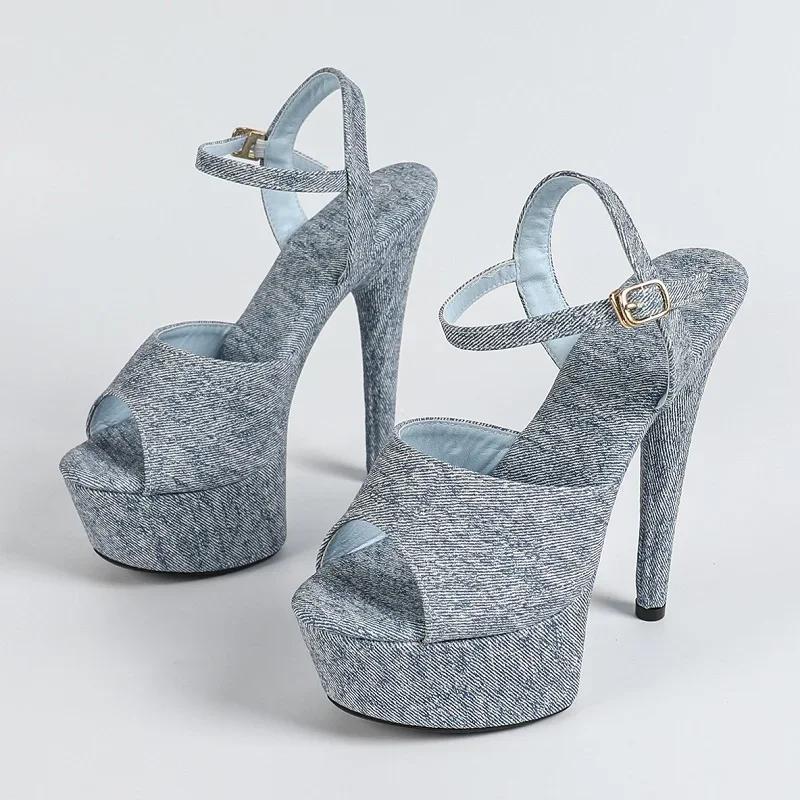 

Fashion Fashion Denim Ankle Buckle Women Sandals 15 Cm Super High Heeled Designer Shoes Sexy Open Toe High Heels Nightclub Stripper Shoe 43 светло-синий