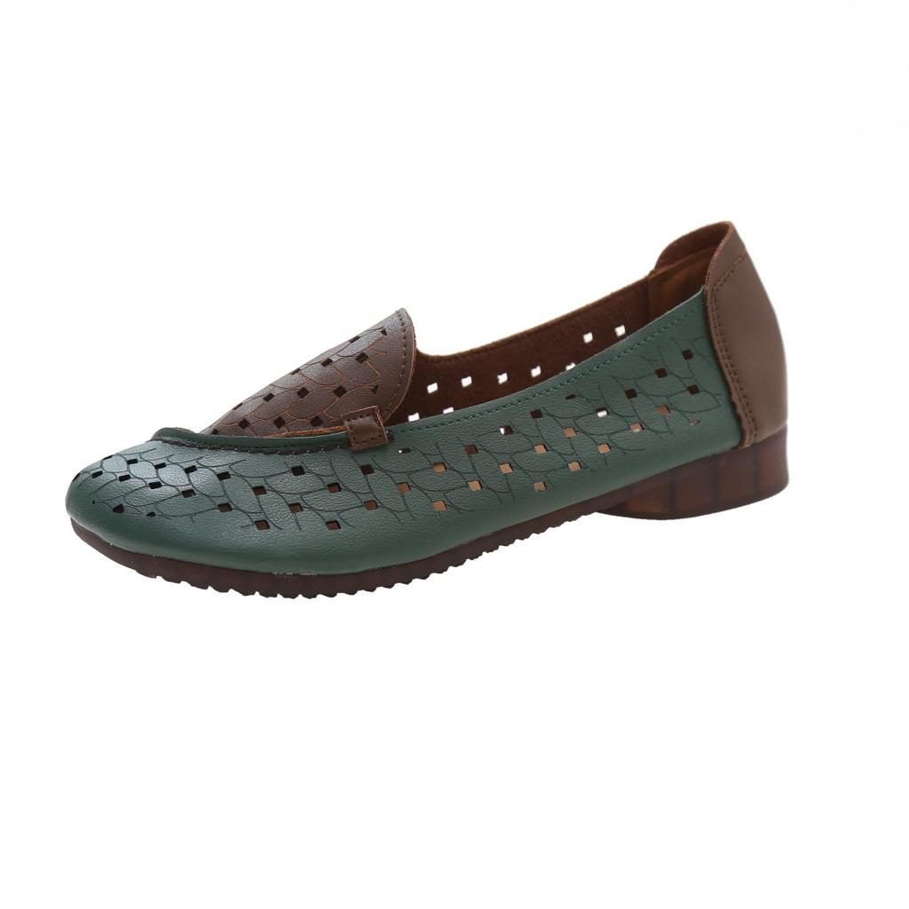 Ethnic Style Soft Leather Soft Bottom Hole Single Shoes Women's Spring and Summer New Breathable Middle-aged and Elderly Doudou Single Shoes