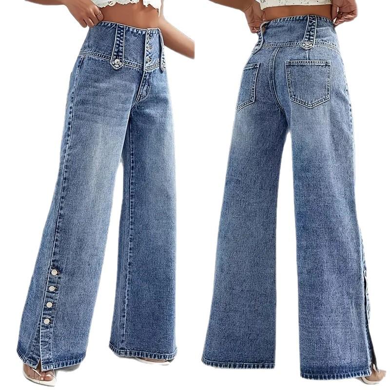 2026 Spring/Summer High-Waisted Retro Wide-Leg Denim Jeans with Multi-Buttons for Women