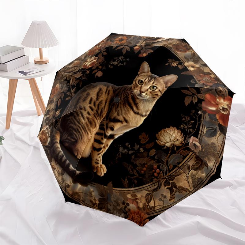 Cats and Flowers pattern, automatic folding umbrella, portable and foldable design, 8 ribs, a Christmas or birthday gift.