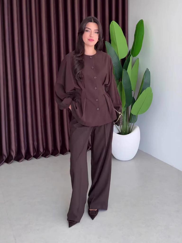 2025 Autumn Women's Round Neck Long Sleeve Waist-Tied Single-Breasted Wide Leg Pants Set