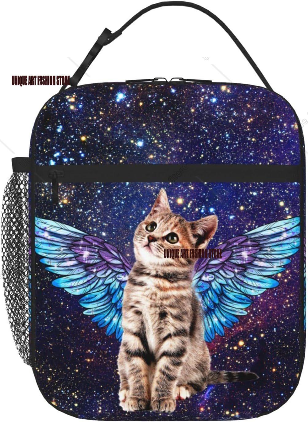 Cat Insulated Lunch Bag Cute Angel Cat in Galaxy Lunch Cooler Box Reusable Tote Bags for Work Picnic Bling Blue Purple One Size