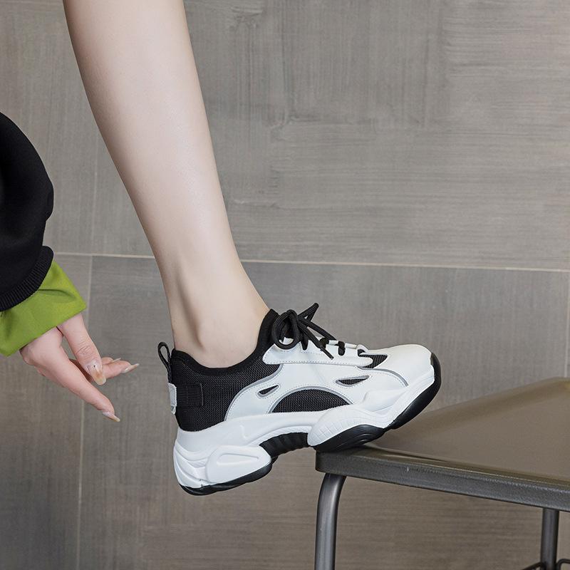 Fashion 5.5CM Air Mesh Synthetic Genuine Leather Women Vulcanize Hollow Summer Chunky Sneakers Summer Platform Wedge Flats Shoes