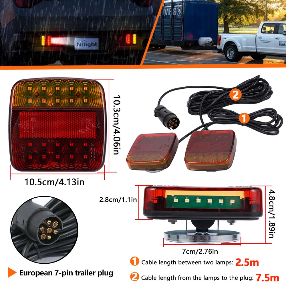 12V Magnetic LED Trailer Light Kit Universal Rear Towing Trailer Tail Light Waterproof EU 7-Pin Trailer Brake Turn Signal Lamps