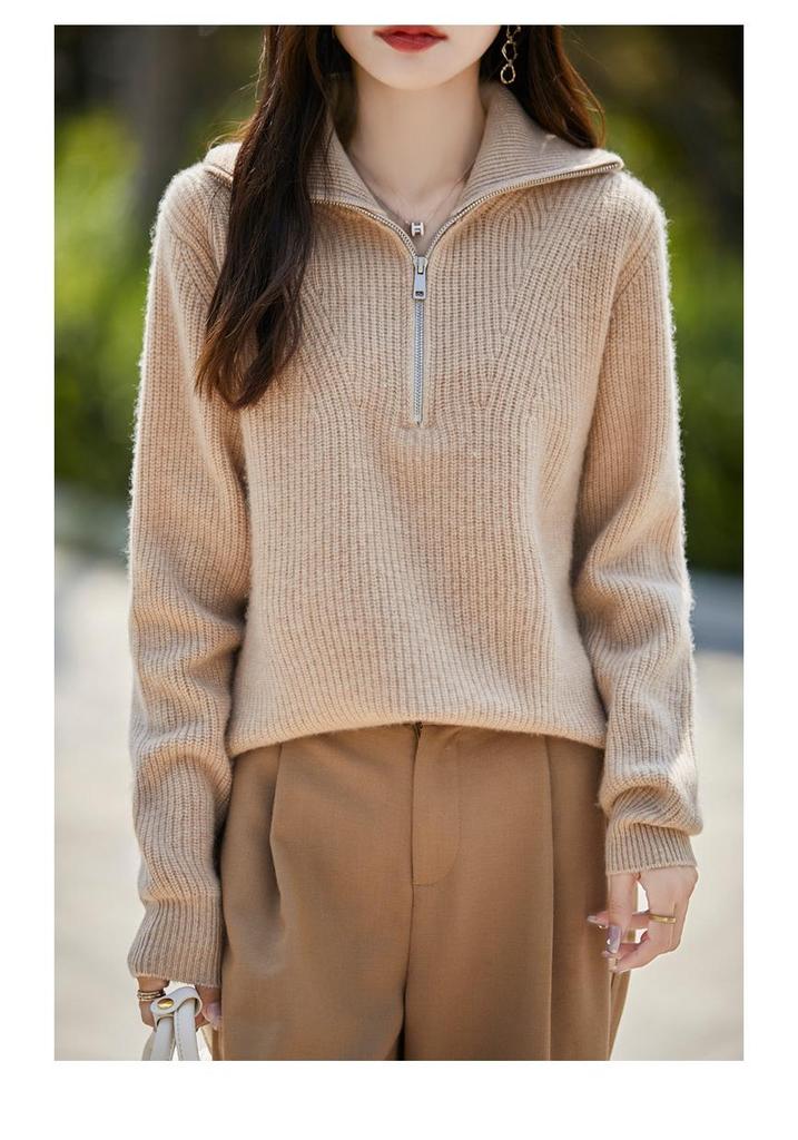 Women's Pure Wool Loose Fit Lapel Pullover Sweater - Versatile Semi-High Neck Knitwear for Autumn/Winter.