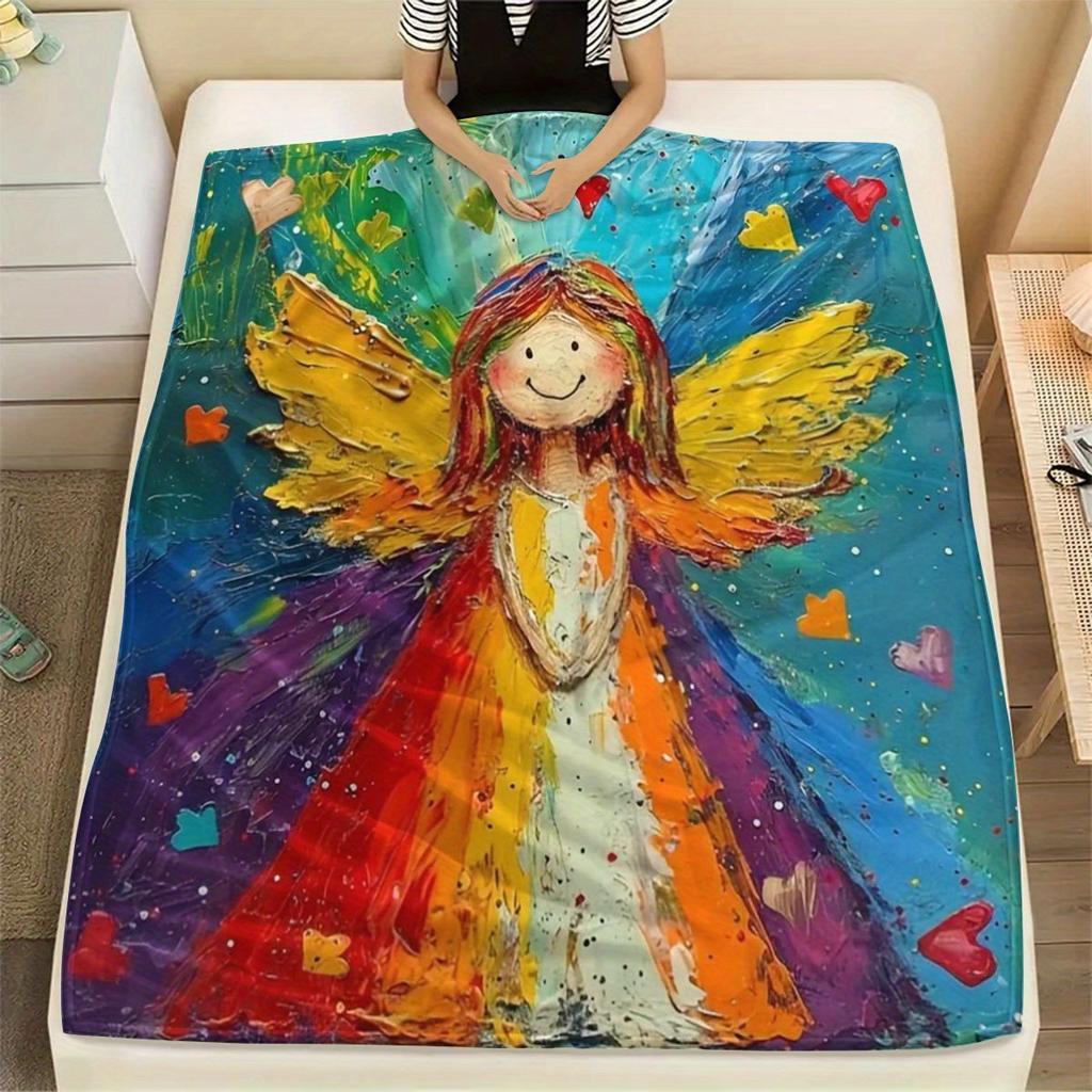 Anime Angel Pattern Throw Blanket - Soft Cozy Art Print Aesthetic Accent for Sofa Bed Air Conditioning Office Nap Gift