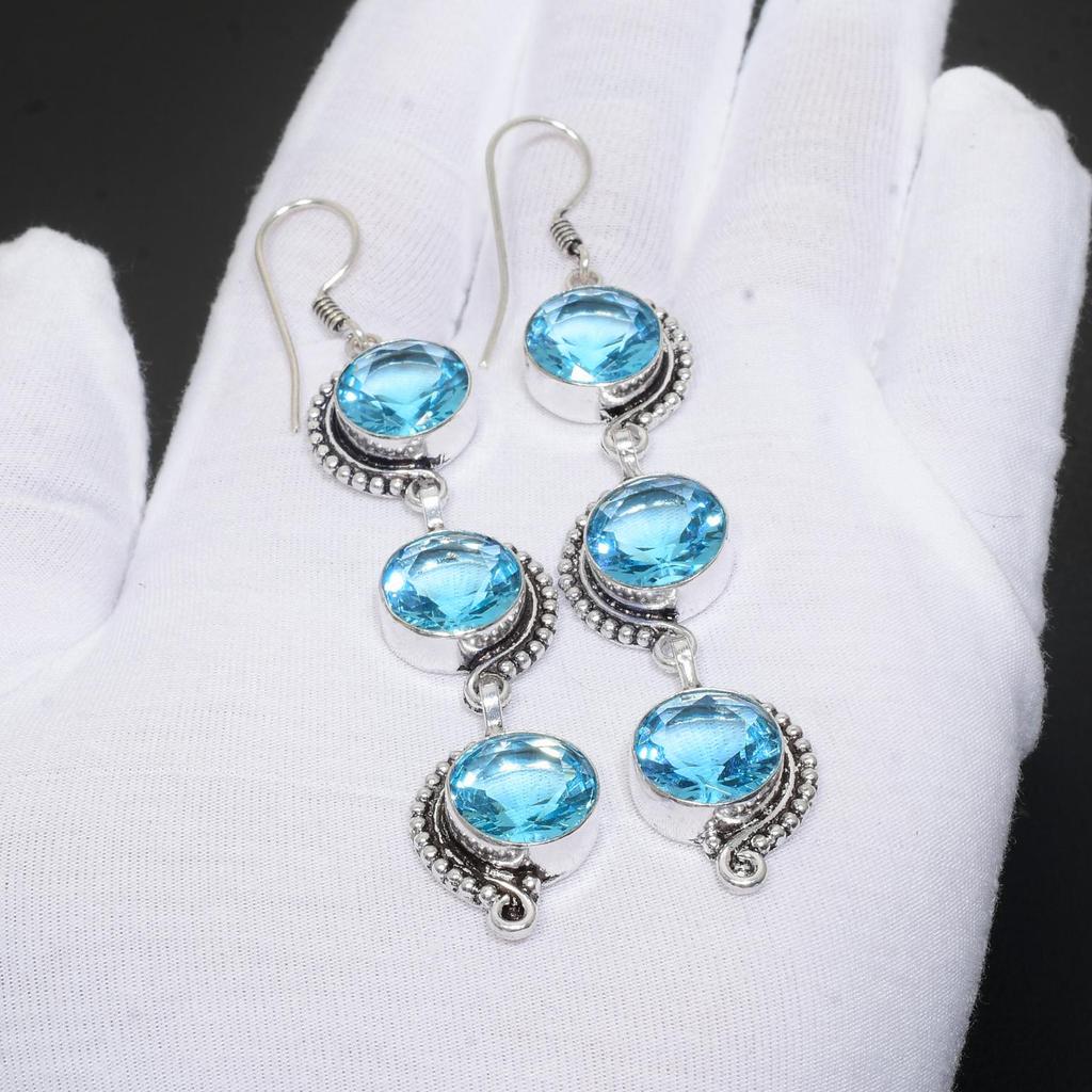 Swiss Blue Topaz Gemstone Handmade 925 Sterling Silver Earring Swiss Blue Topaz Earring For Women Jewelry For Gifts Handcrafted Jewelry Earring