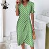 Damenmode Sommer Frühling Geometrischer Druck Kurzarm V-Ausschnitt Hohe Taille Freizeitkleider