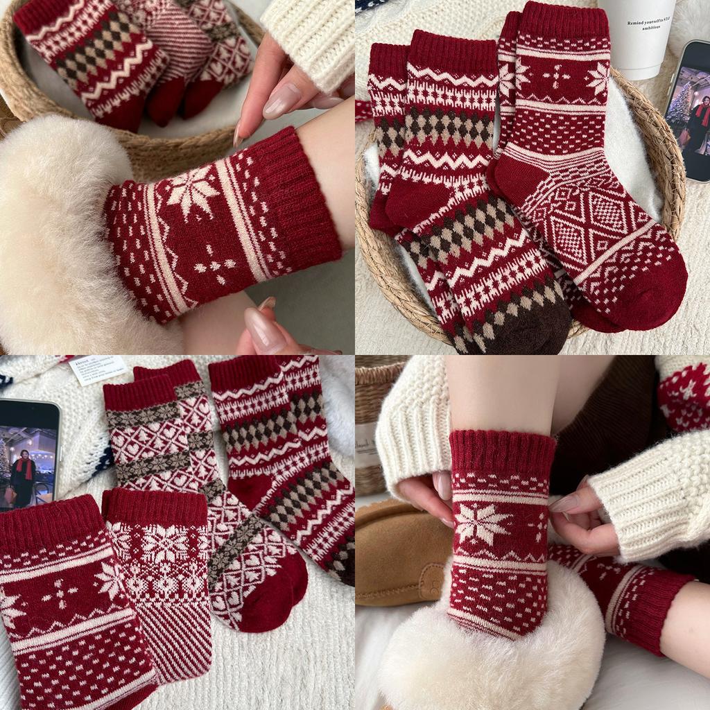 Rote Socken - Herbst/Winter Dicke und Warme Wollsocken mit Retro Fair Isle Doppelstrick Elastische Mittelhohe Socken