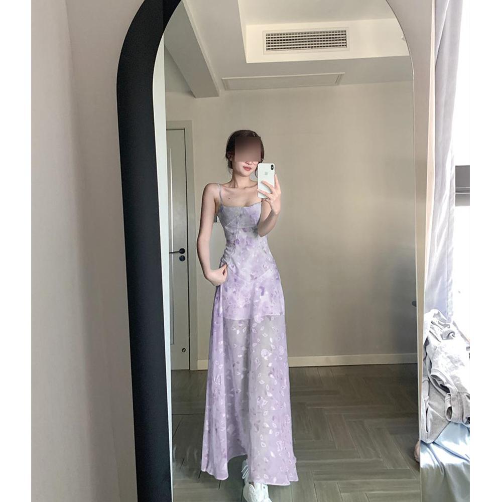 Gentle Temperament Green Floral Suspender Dress Seaside Vacation Beautiful Unique Waist a Word Long Skirt