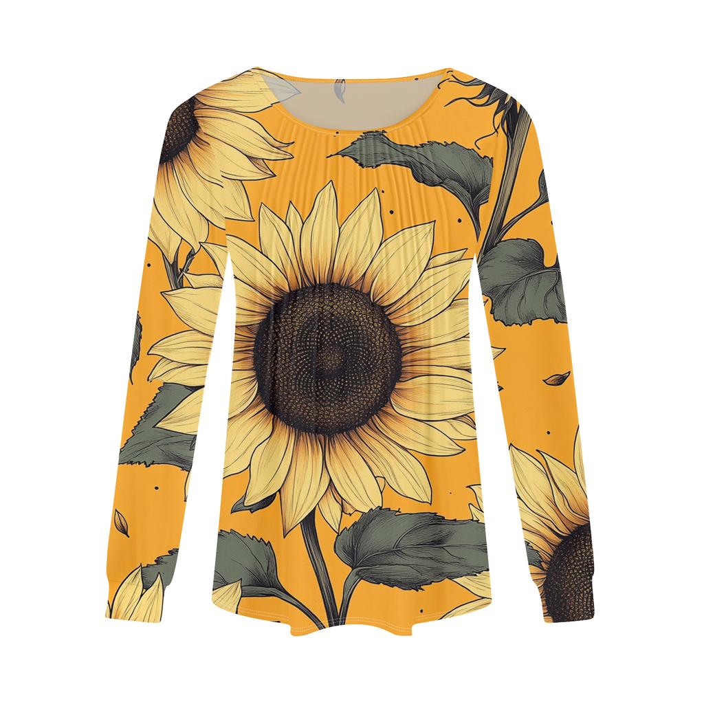 Women's Fashion Casual Pleated Round Neck Vintage Floral Print Long Sleeve T,Shirt Top