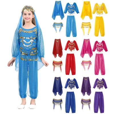 Tinuta de dans din buric pentru copii, fete, in patru piese, set de spectacol de Halloween, top crop cu mâneci lungi la spate, cu șireturi, cu pantaloni, eșarfă, batic pe cap