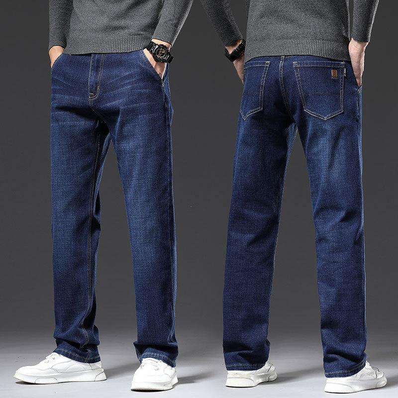 Autumn and winter men's loose straight jeans elastic business trend youth casual long pants for men