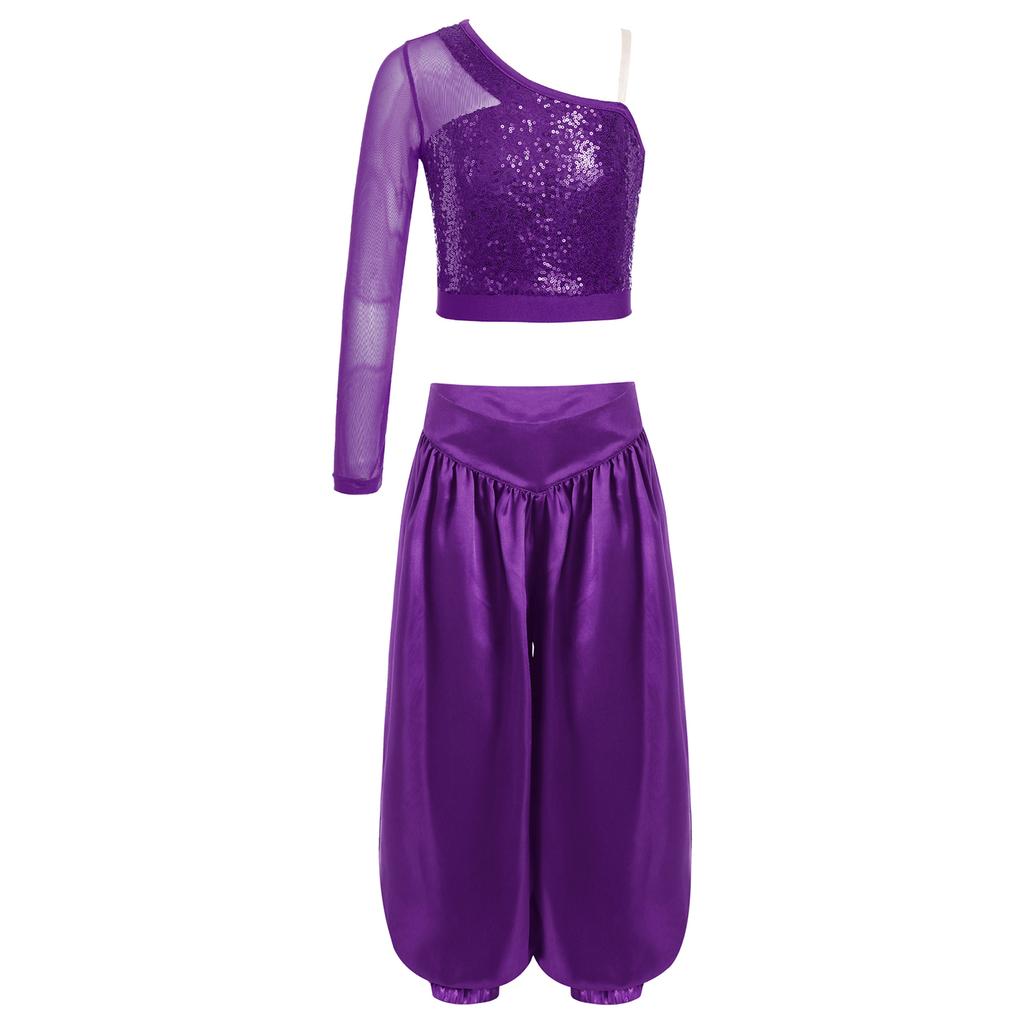 Completo da Danza del Ventre per Ragazze Rete Manica Lunga Monospalla Lucido Paillettes Crop Top Pantaloni Bloomers Satinati Gamba Larga