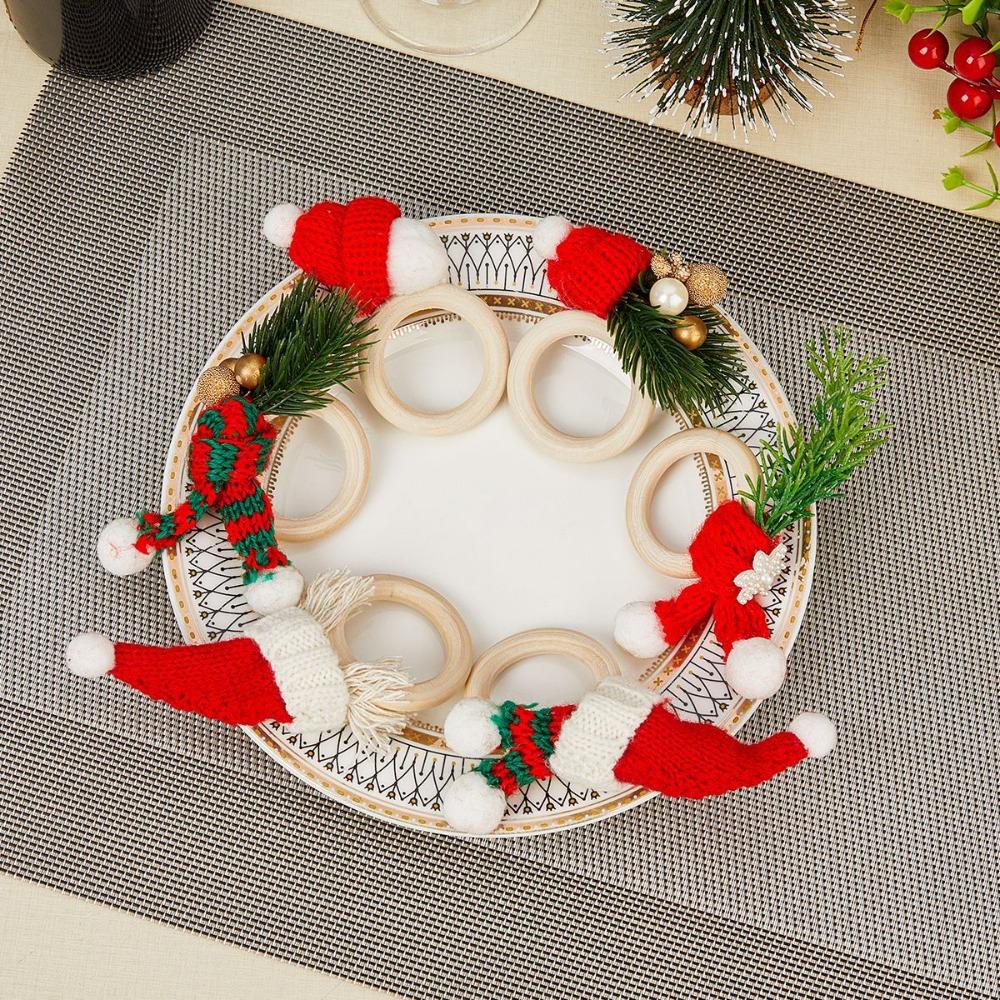 6 ks Dřevěný držák na ubrousky Ručně vyráběná spona na ubrousky Roztomilé vánoční čepice Kroužky na ubrousky Nový rok