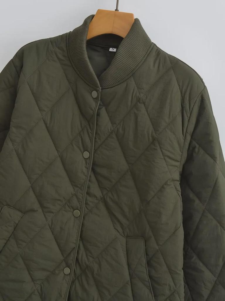 2023 Winter Women's Solid Color Diamond Grid Loose Cotton Jacket with Stand Collar