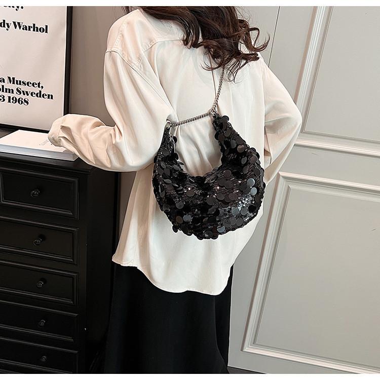 Trendy Korean Style Sparkly Chain Underarm Dumpling Bag Women's Bag 2023 New Winter Shoulder Crossbody Bag