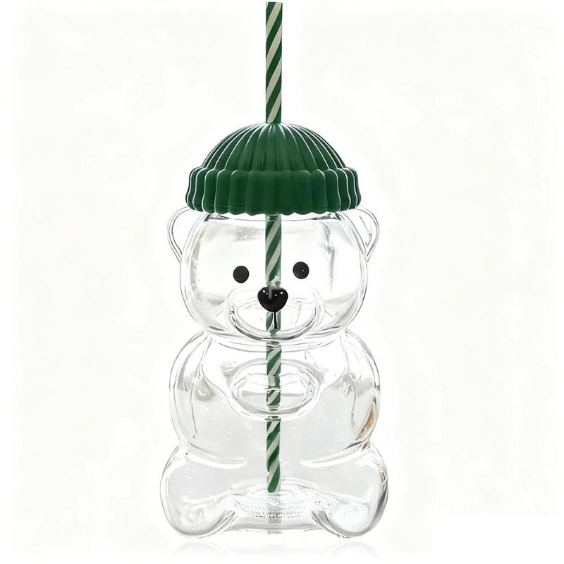 Adorable Bear Glass Drinking Mug with Yellow Cap and Straw, Clear Glass Beverage Mug, Drinks, Coffee High Quality (As shown-12186)-401-500ml