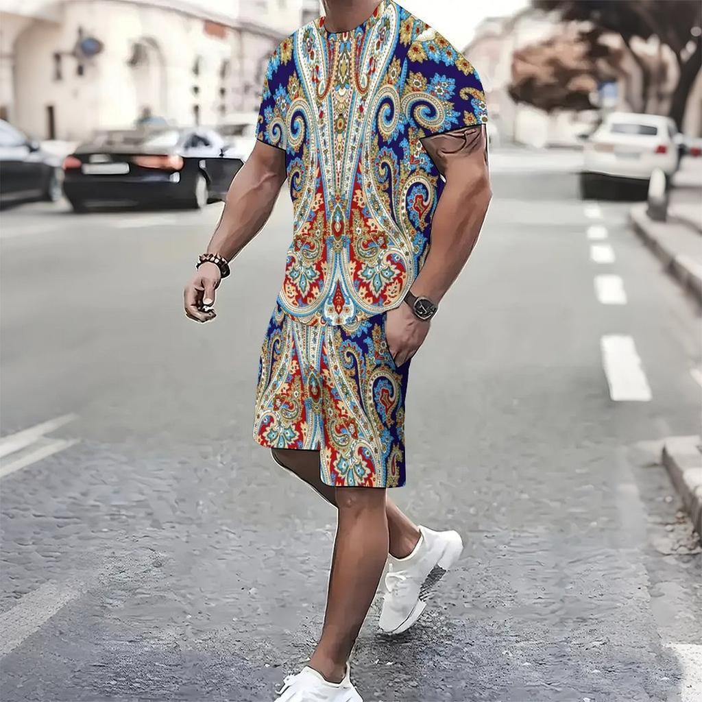 Men Vibrant Multicolor Vintage Paisley Print Short Sleeve Tee And Matching Shorts Two Piece Outfit